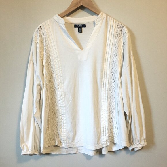 Chaps Flowy Embroidered Cotton Pintuck Peasant Sleeve Tunic Blouse - Picture 1 of 11